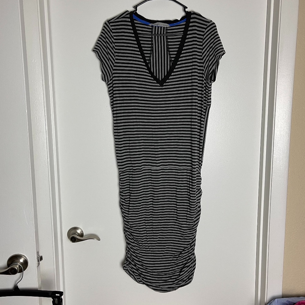 Athleta Black Striped Ruched Midi Dress
